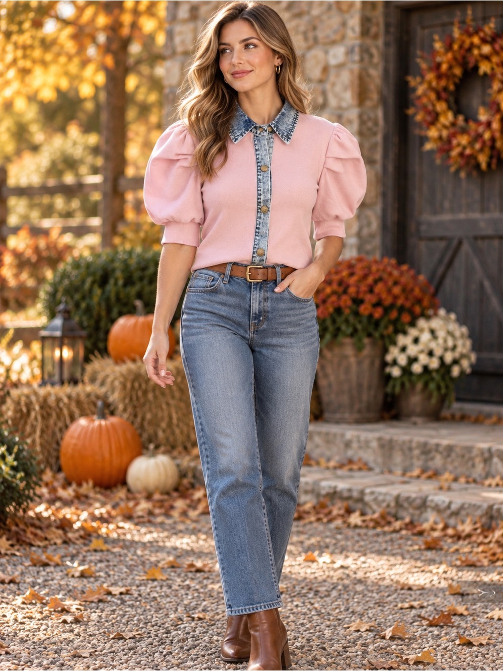 L.C. / Lizette Collection Pink Puff Sleeve Sweater Top with Denim Trim